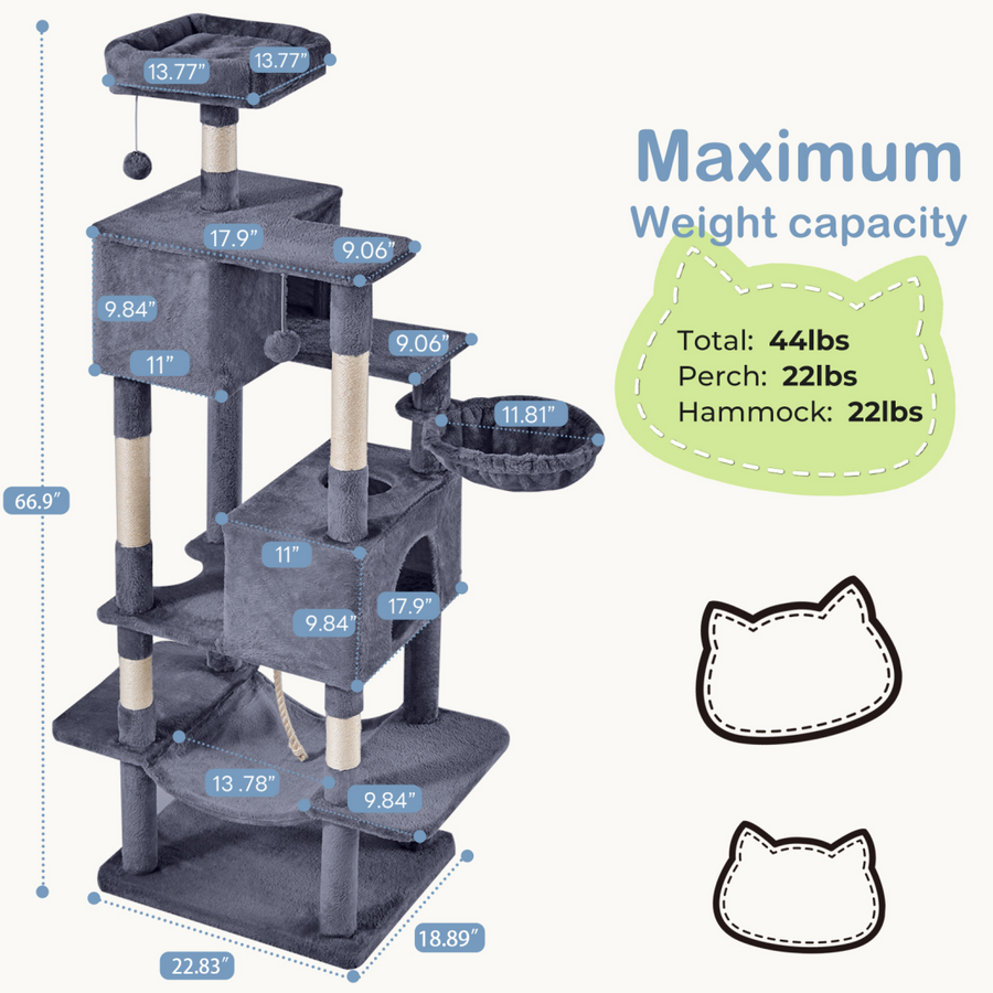 Spire 66-Inch Cat Tree dimension and weight capacity diagram, dark grey