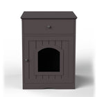 Den Litter Box Cabinet straight on front view, brown finish with a silver drawer knob