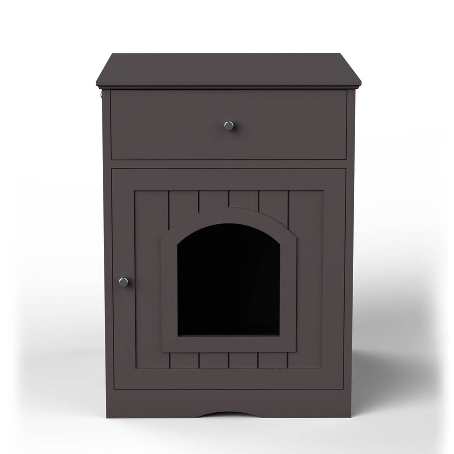 Den Litter Box Cabinet straight on front view, brown finish with a silver drawer knob