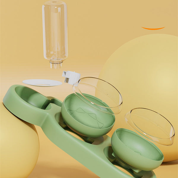 Brim Gravity Feeder Set exploded view showing the water bottle, lid, and twin bowl tray components