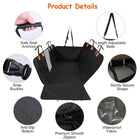 Bench Dog Back Seat Cover detail graphic with close-ups of the seat anchors, snap buckles, adjustable belts, zipper, quilted fabric and textured bottom