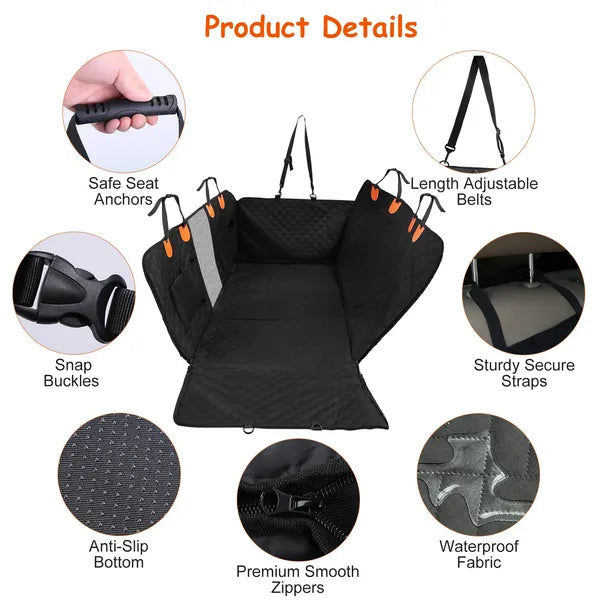Bench Dog Back Seat Cover detail graphic with close-ups of the seat anchors, snap buckles, adjustable belts, zipper, quilted fabric and textured bottom