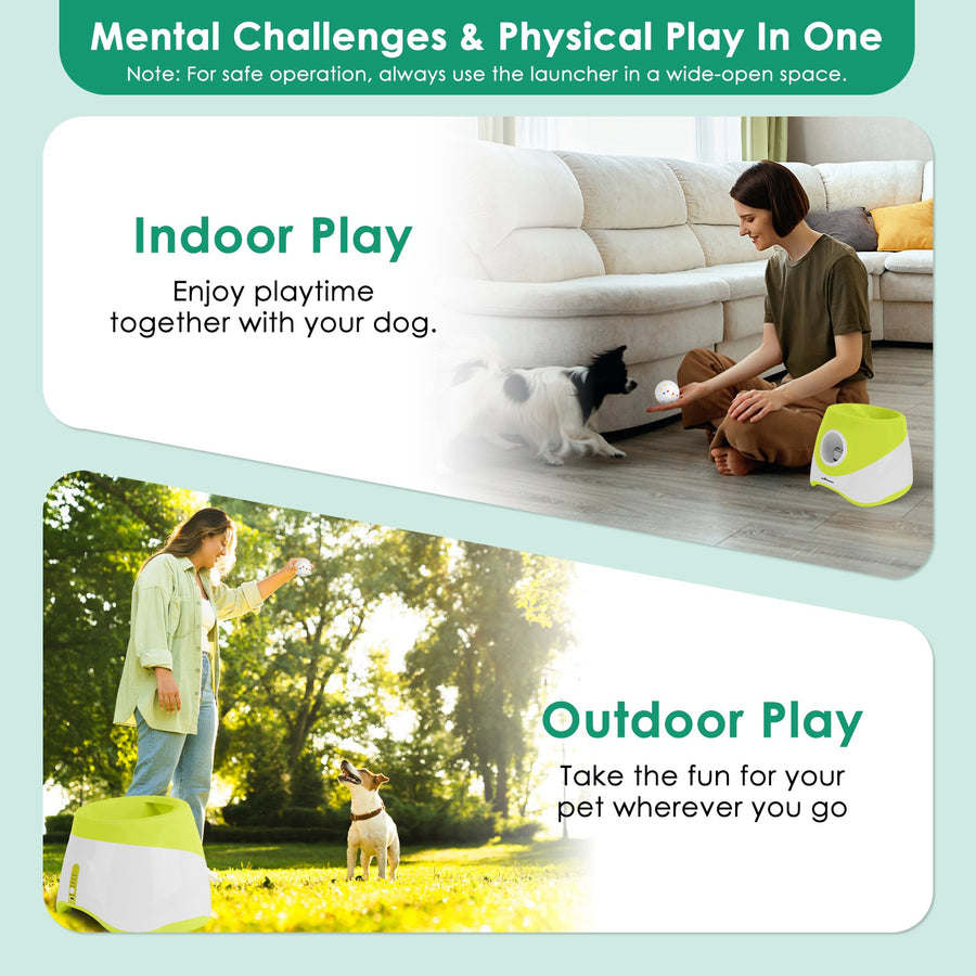 Volley Automatic Ball Launcher shown in an indoor room scene and an outdoor lawn scene