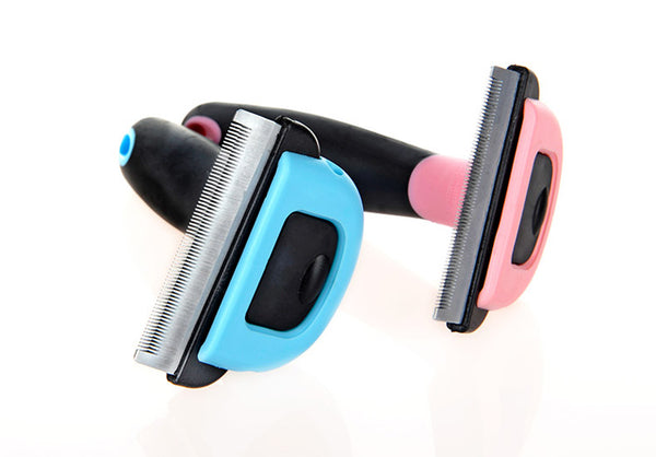 Blue and pink Sable Deshedding Brush pair angled together showing the stainless steel comb teeth