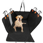 Bench Dog Back Seat Cover spread open on a white background with a Labrador puppy sitting on it