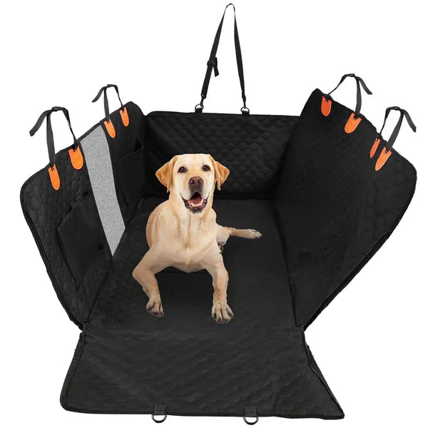 Bench Dog Back Seat Cover spread open on a white background with a Labrador puppy sitting on it