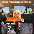 Bench Dog Back Seat Cover labelled graphic showing the door flaps, a zipper close-up and a small dog at the front panel