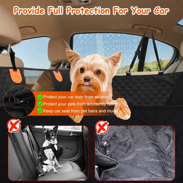 Bench Dog Back Seat Cover labelled graphic showing the door flaps, a zipper close-up and a small dog at the front panel
