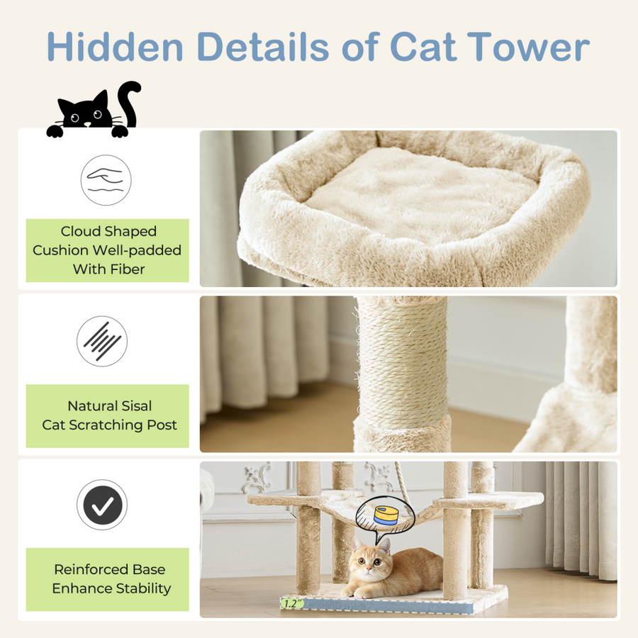Spire 66-Inch Cat Tree detail panel showing the padded cushion, sisal post and reinforced base