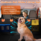 Bench Dog Back Seat Cover labelled graphic showing the mesh window and the front storage pockets with a dog seated on the cover