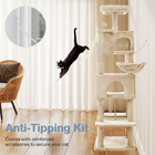 Spire 66-Inch Cat Tree anti tipping kit detail with a cat leaping toward the tower