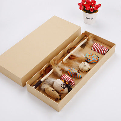 Gather Natural Toy Set displayed in its box with wand toy, woven mice and feather toys