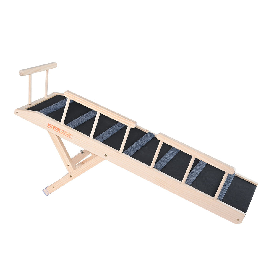 Slope wooden dog ramp set up against a bed