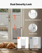 Sill pet door with a small dog passing through