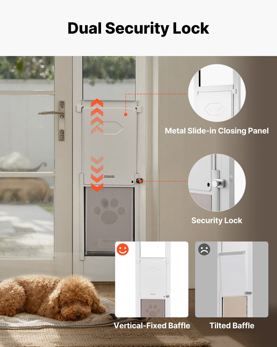 Sill pet door with a small dog passing through