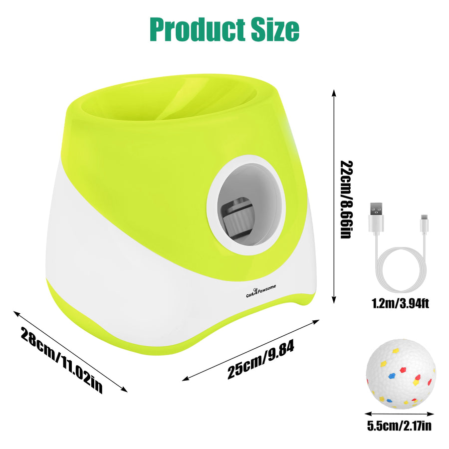 Volley Automatic Ball Launcher size chart with launcher, ball and cable measurements