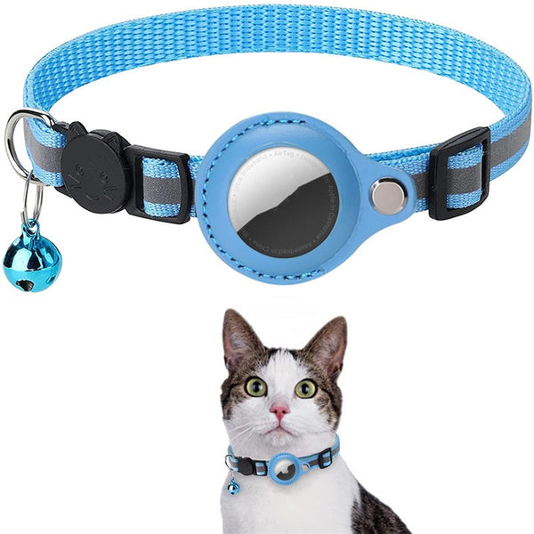 Blue Chime Reflective AirTag Collar with bell and holder, worn by a tabby-and-white cat