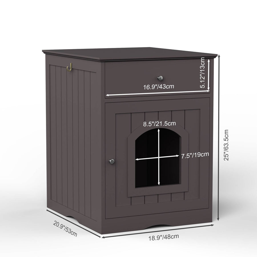 Den Litter Box Cabinet dimensions, 18.9 by 20.9 by 25 inches with a 7.5 by 8.5 inch entrance and a 16.9 by 5.12 inch drawer
