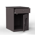 Den Litter Box Cabinet with the door open and the drawer pulled out, showing the empty interior compartment