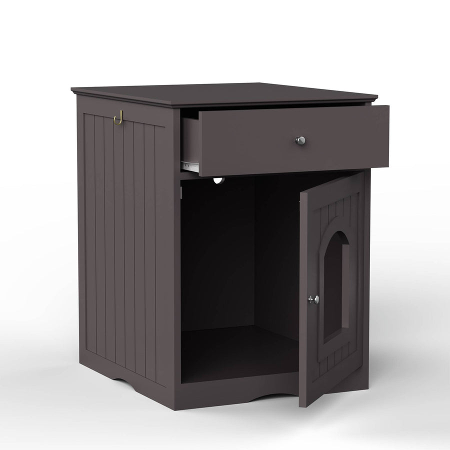 Den Litter Box Cabinet with the door open and the drawer pulled out, showing the empty interior compartment