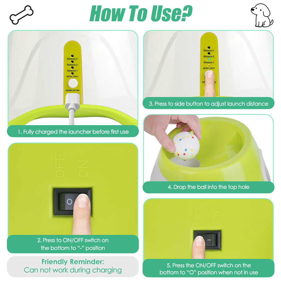Volley Automatic Ball Launcher steps showing the LED panel, Distance Setting button, on and off switch and top hopper