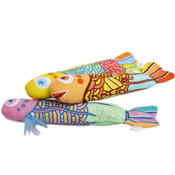 Three Minnow Catnip Fish Kicker toys in yellow, orange and pink fanned out together