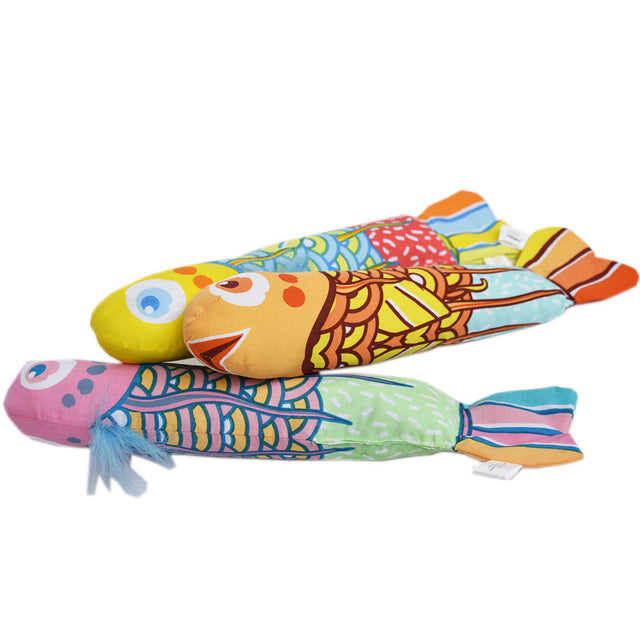 Three Minnow Catnip Fish Kicker toys in yellow, orange and pink fanned out together