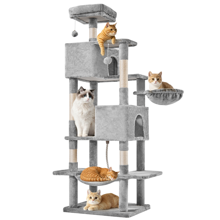 Spire 66-Inch Cat Tree in light grey, full tower with cats on each level