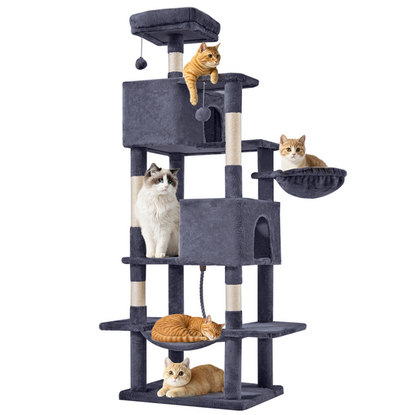 Spire 66-Inch Cat Tree in dark grey with cats on the top perch, basket and hammock