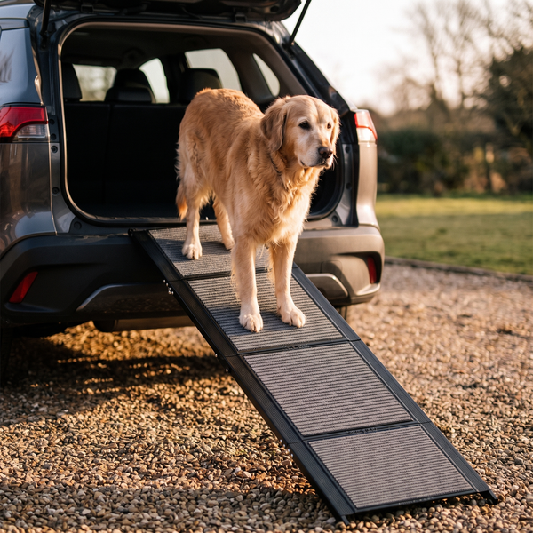 An older golden retriever walks down the FELVO Ascent folding dog ramp from an open SUV tailgate at golden hour