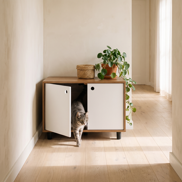 A grey tabby cat steps out of the FELVO Alcove litter enclosure, a low two-tone bench with a wood top in a sunlit hallway