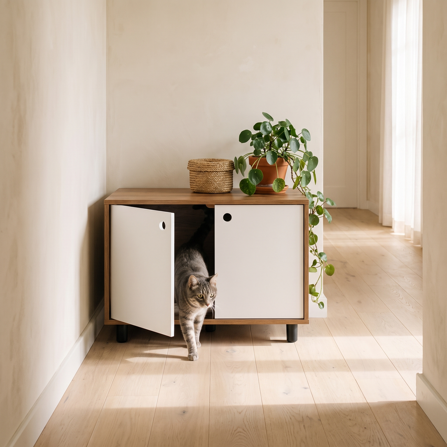 A grey tabby cat steps out of the FELVO Alcove litter enclosure, a low two-tone bench with a wood top in a sunlit hallway