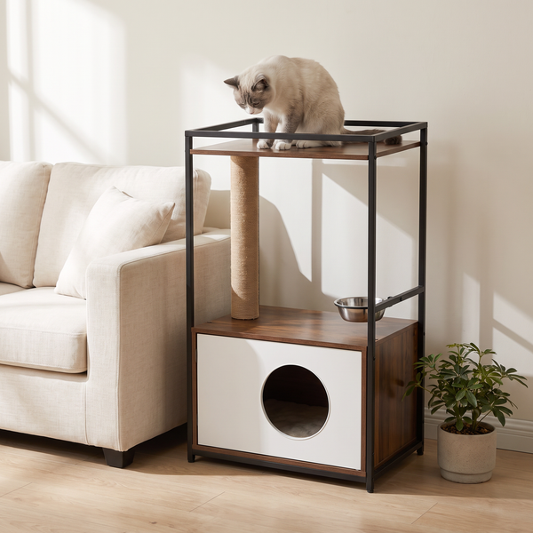 A cat sits on the railed top shelf of the FELVO Hearth cat tree, above its sisal scratching post, stainless steel bowl and enclosed condo