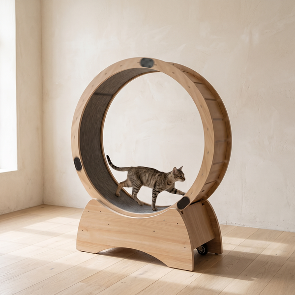 A tabby cat runs inside the FELVO Orbit cat exercise wheel, an oak plywood wheel with a grey carpeted track