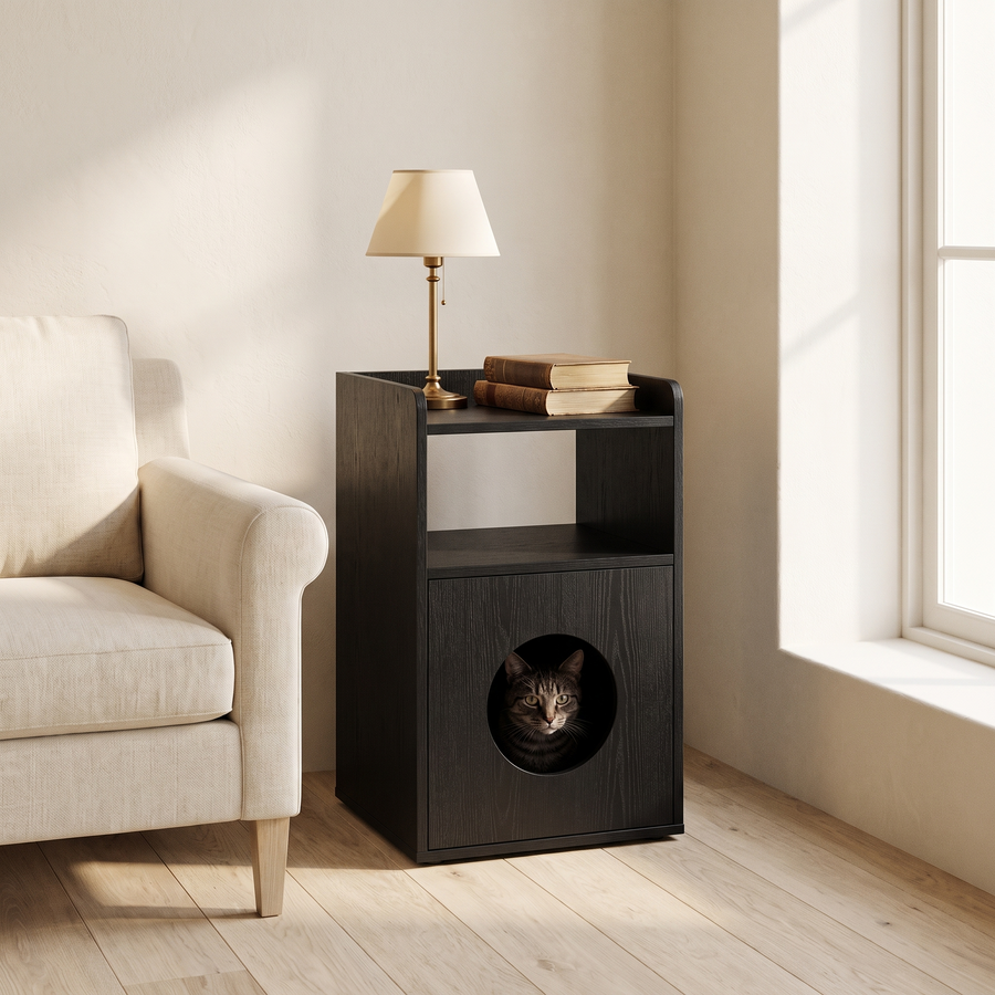 A tabby cat looks out from the round entry of the FELVO Nook cat house end table beside a cream armchair