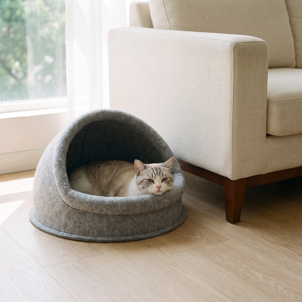 A cat rests in the FELVO Fold semi-enclosed grey felt cat cave beside a cream sofa