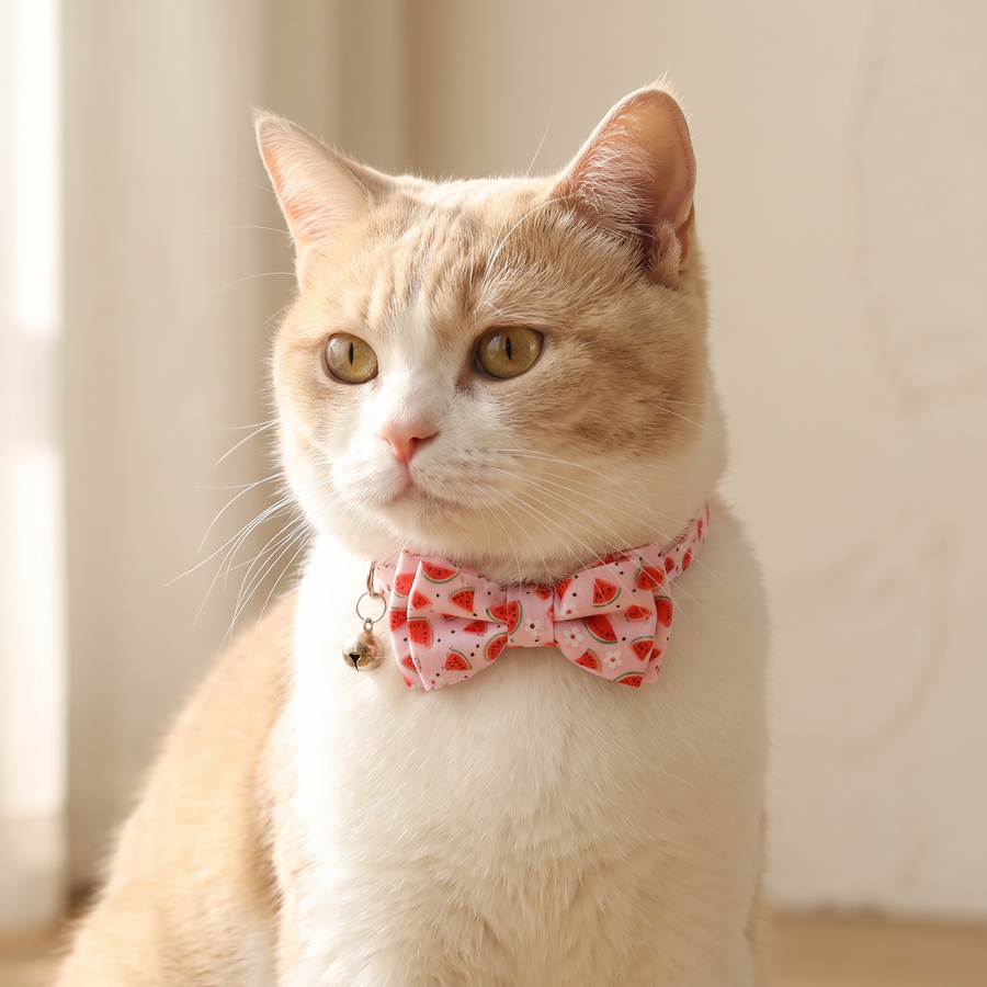 A cream cat wears the FELVO Blossom watermelon-print bow tie collar with a small bell