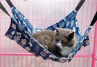 Ledge hammock in navy cat-print fabric hung by adjustable straps, a grey cat resting inside