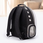 Vista Clear Cat Backpack, empty carrier shown from a three-quarter rear angle, revealing the padded shoulder straps, ventilated back panel, silver grommet vents, and side mesh pocket on the black and grey shell with clear bubble dome